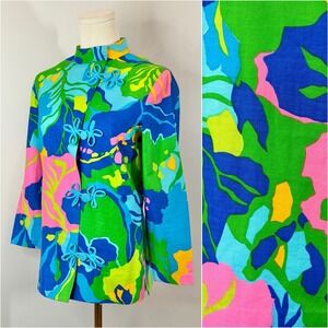 Vintage 1960 Cotton Jacket Psychedelic Rainbow Soft 60s Floral Coat Small Medium